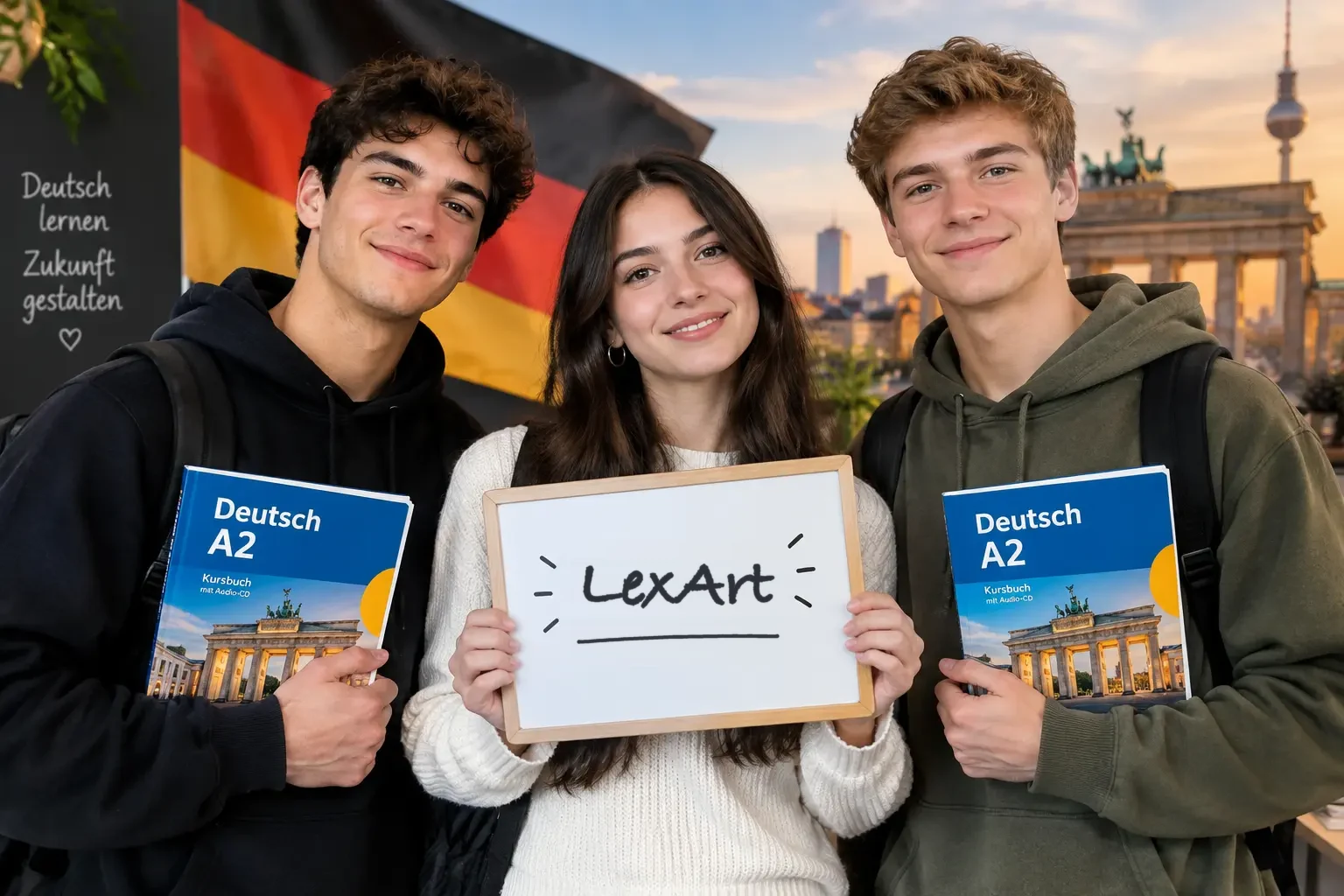 سه زبانآموز لکس آرت با کتابهای آلمانی و تابلوی LexArt، با پسزمینه برلین